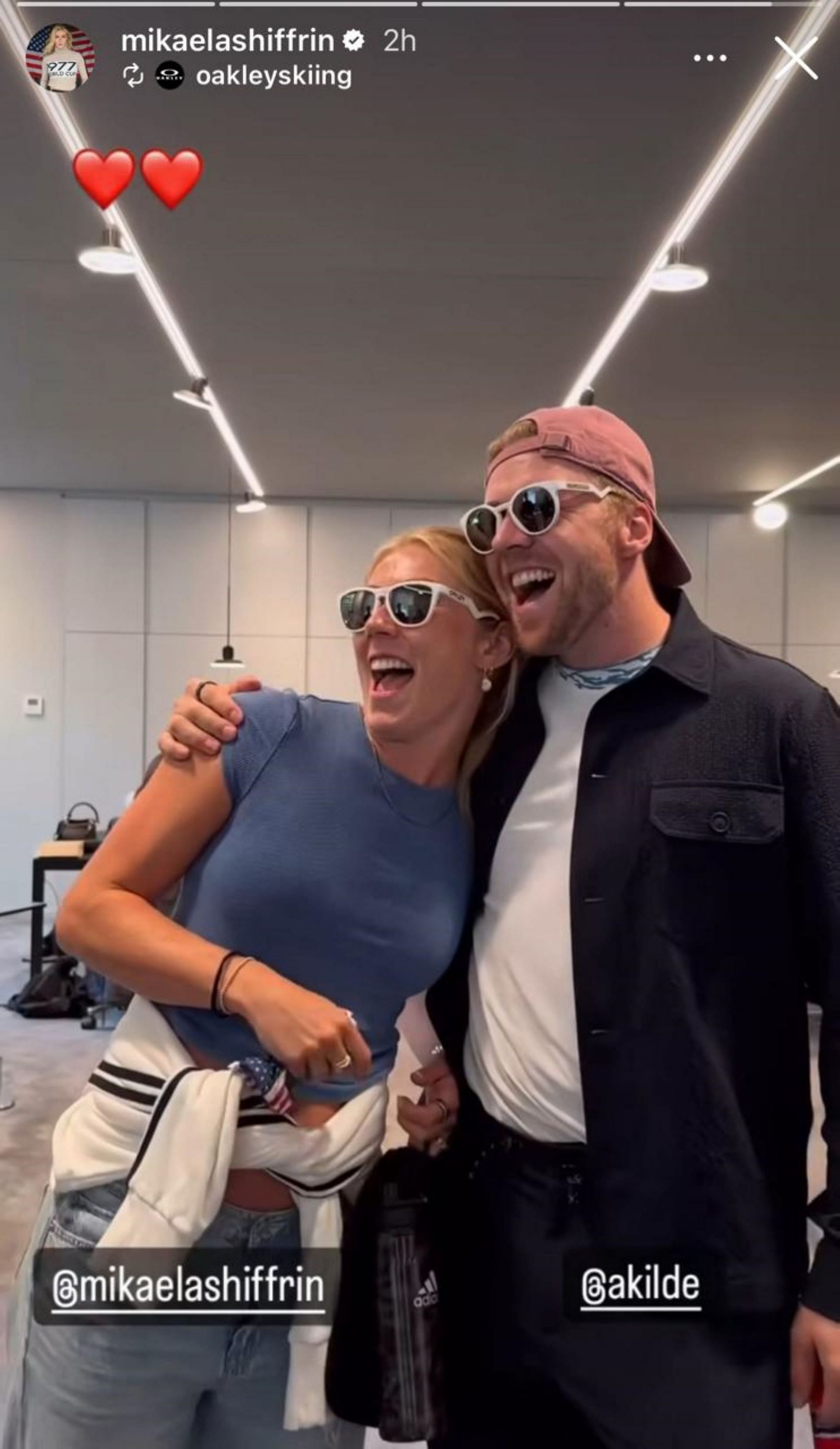 Mikaela Shiffrin and Alexander Kilde swoon over their new Oakley sunglasses, SOURCE: Shiffrin Insta