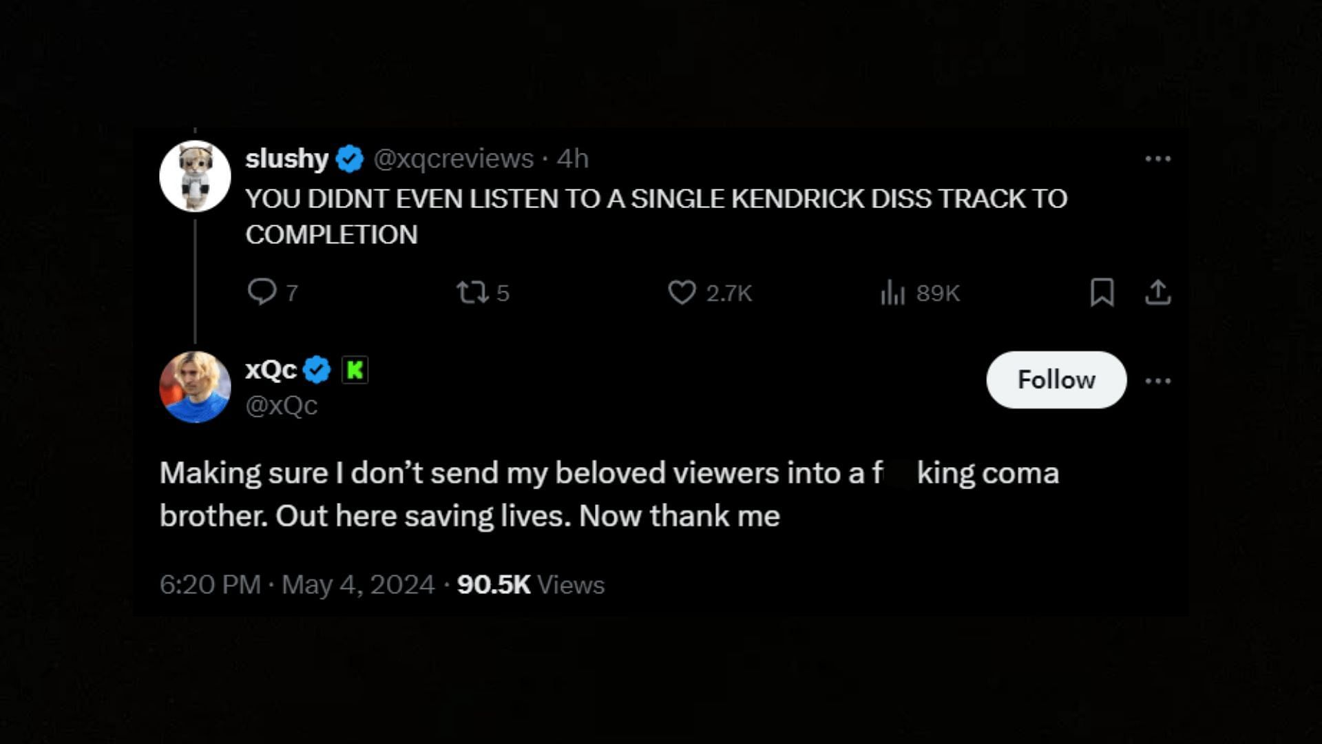 xQc further stated the reason behind not listening to Kendrick&#039;s song (Image via @xQc/X)