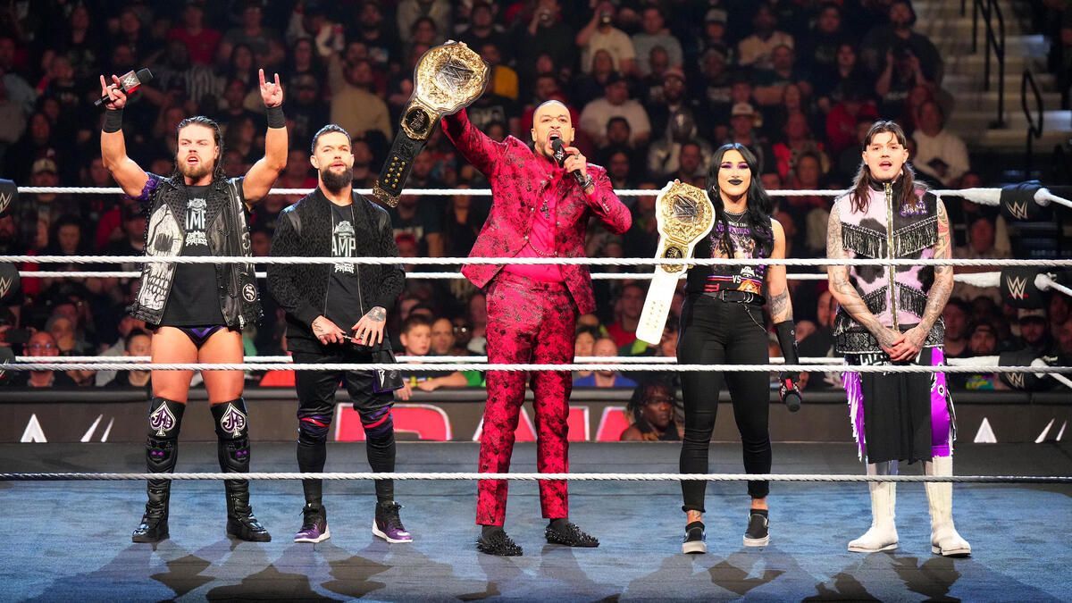 Left to right: JD McDonagh, Finn Balor, Damian Priest, Rhea Ripley, Dominik Mysterio