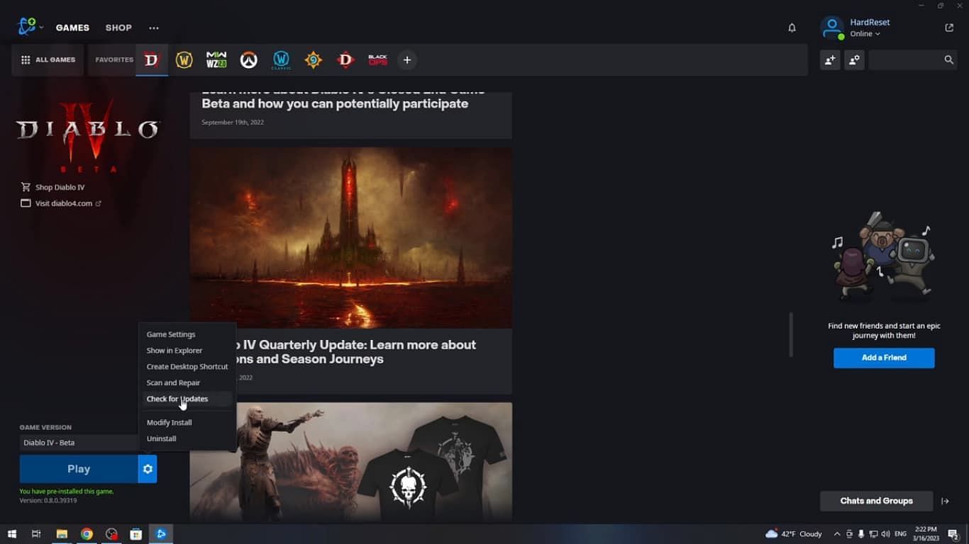Manually checking for Diablo 4 update on Battle.net (Image via Blizzard Entertainment)