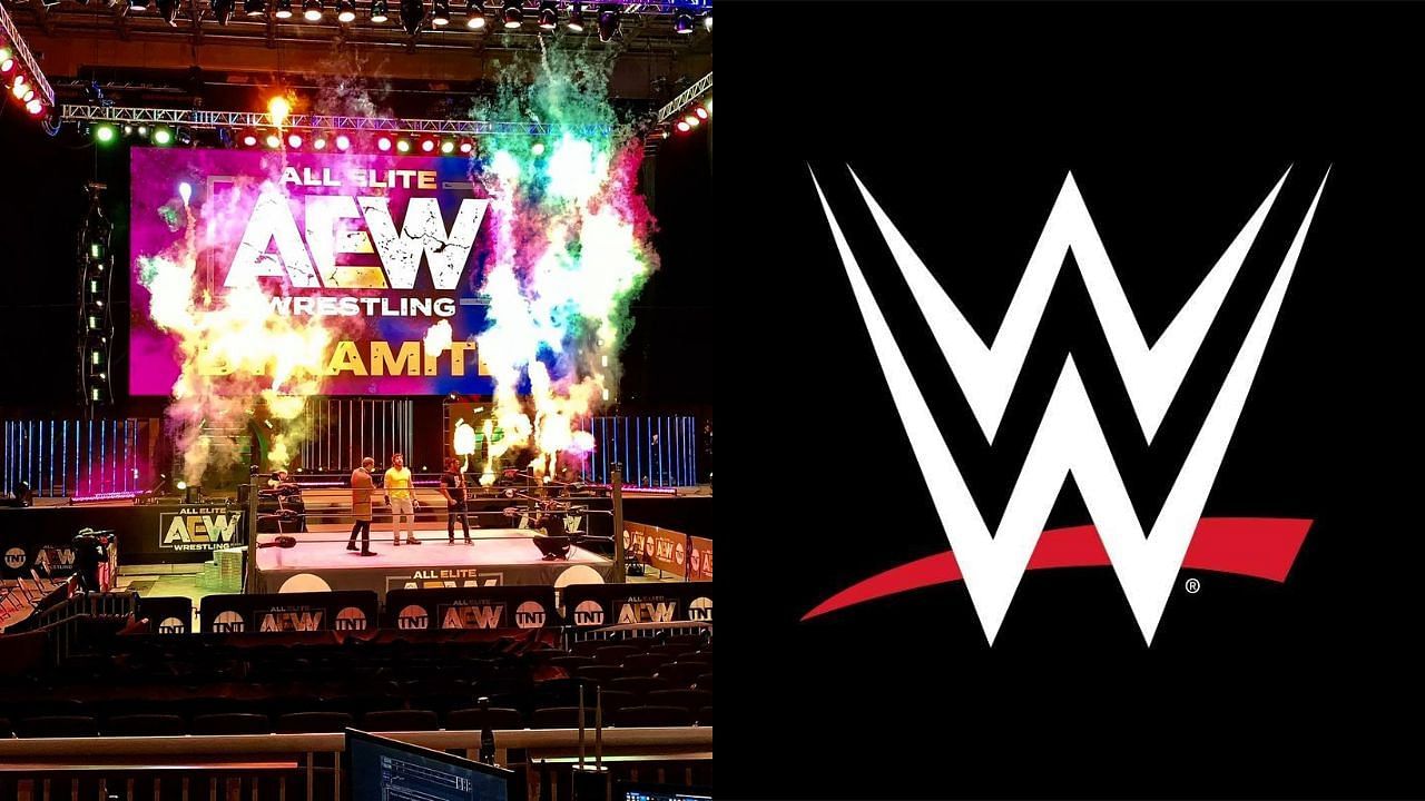 AEW Dynamite stage (left) and WWE logo (right)