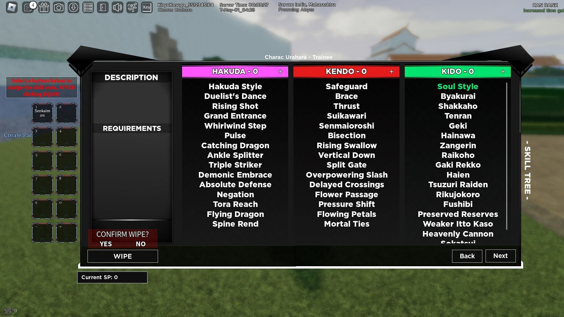 Using a Wipe from the upgrade menu (Image via Roblox)