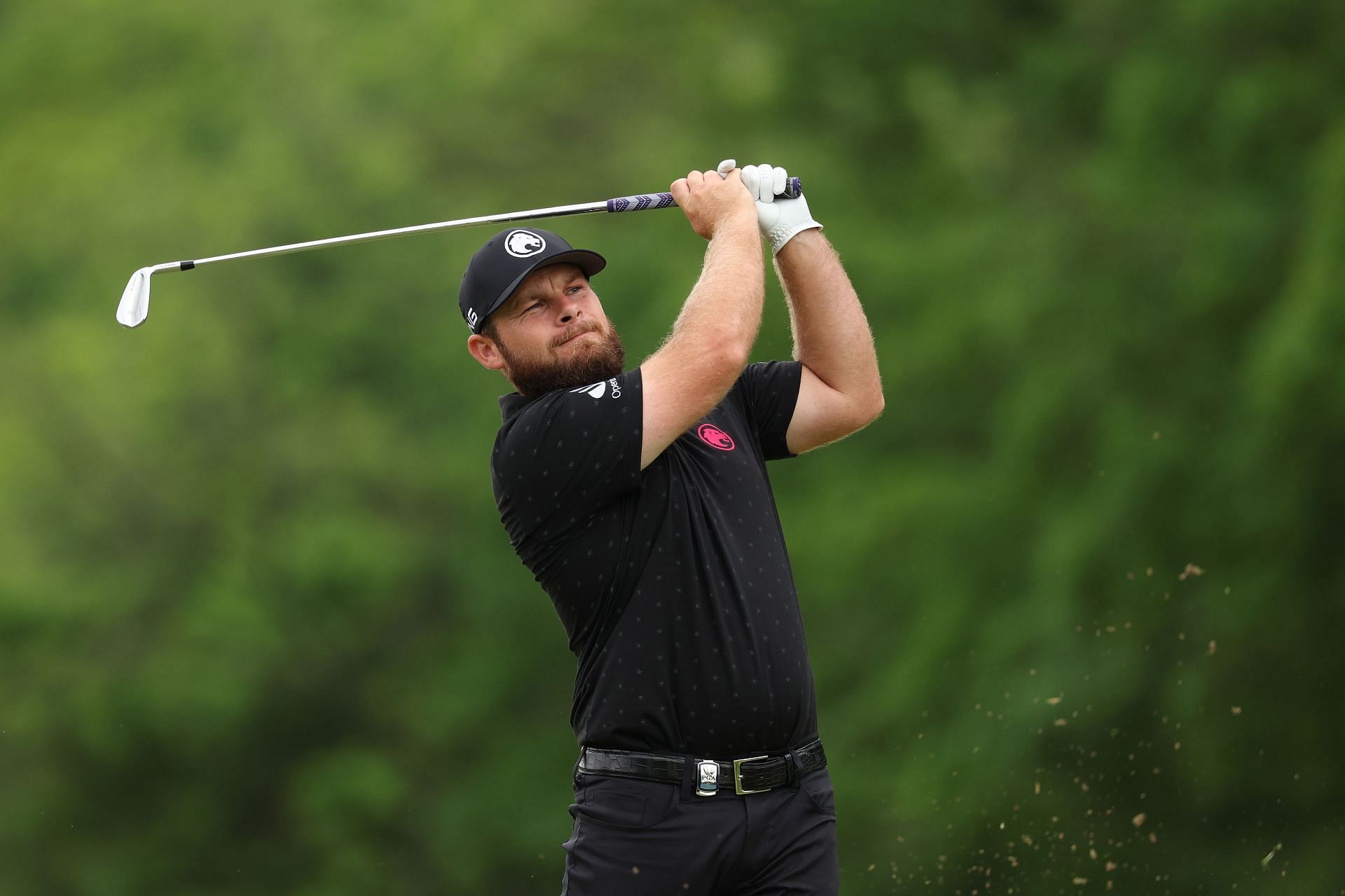 Tyrrell Hatton plays shot during the 2024 PGA Championship - Round Two