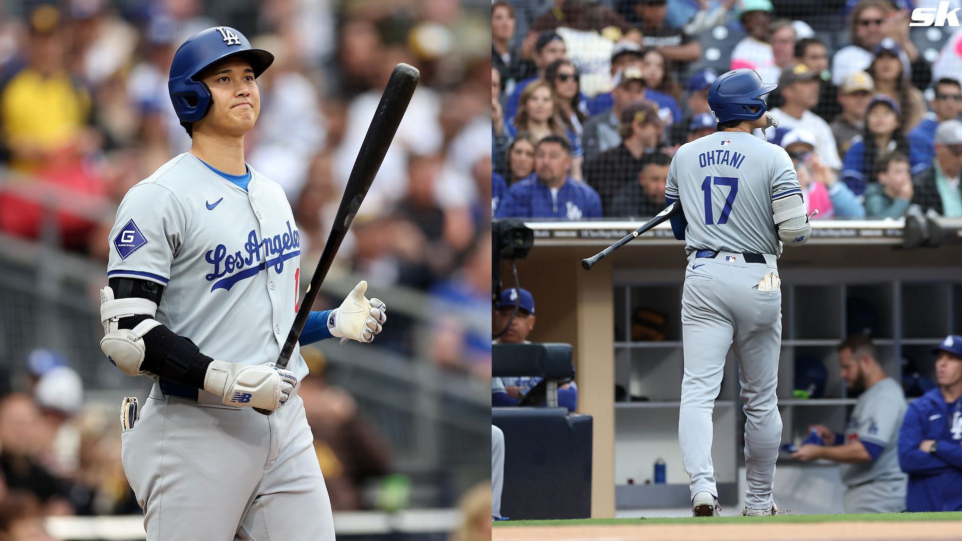 Shohei Ohtani of the Los Angeles Dodgers looks on prior to his at bat during the third inning of a game against the San Diego Padres at Petco Park