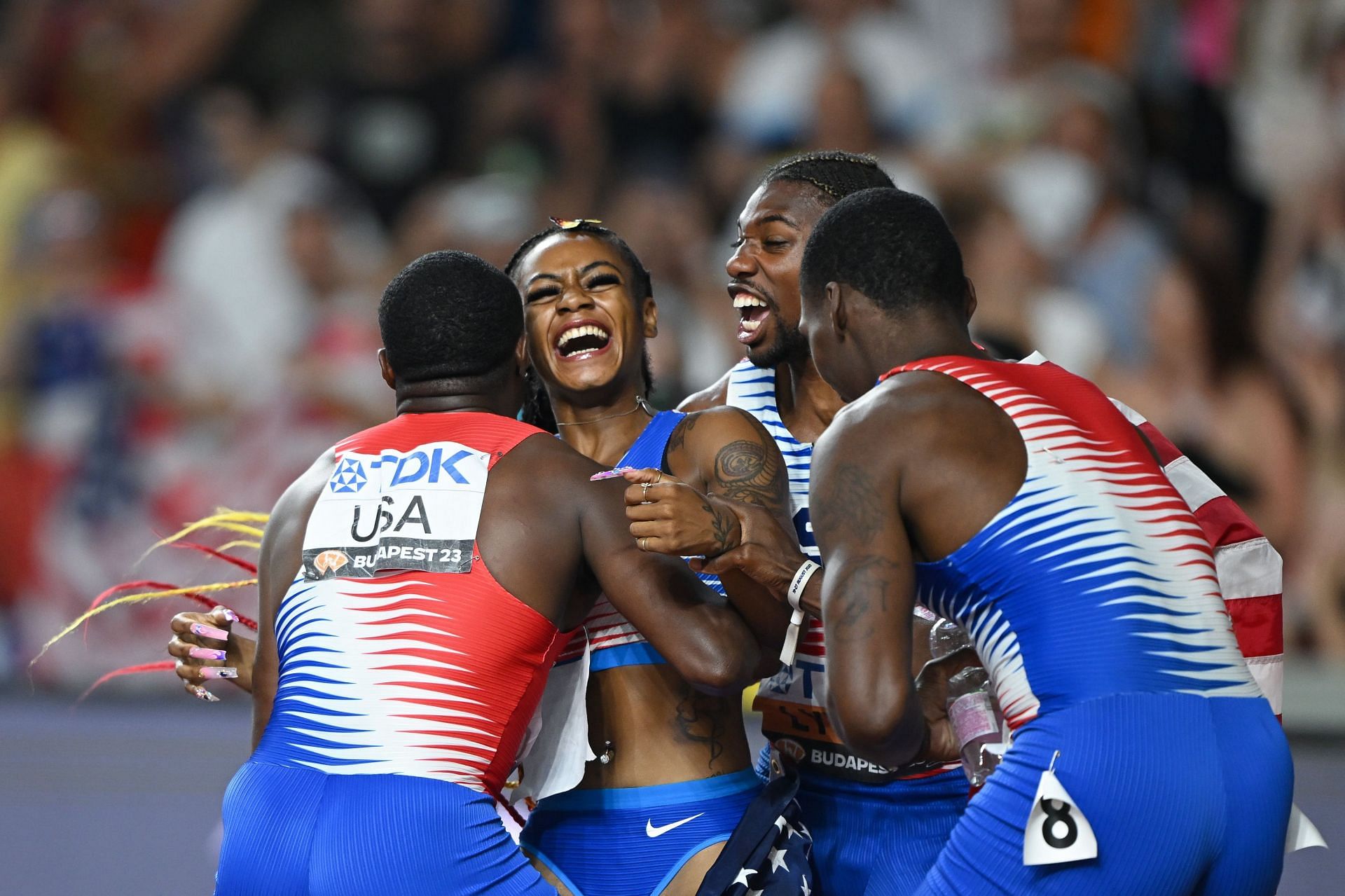 Sha&#039;Carri Richardson celebrates with Christian Coleman, Noah Lyles, and Fred Kerley after winning the Women&#039;s 4x100m Relay Final at the World Athletics Championships Budapest 2023. (Photo by Hannah Peters/Getty Images)