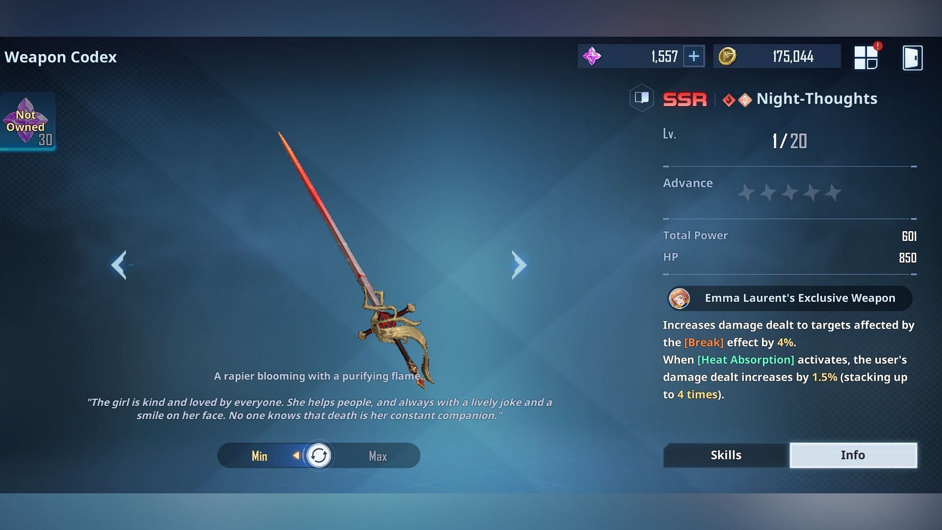 Emma Laurent&#039;s Exclusive Weapon, Night-Thoughts in Solo Leveling Arise (Image via Netmarble)