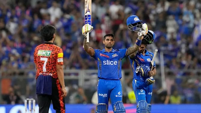 "Sky madness at Wankhede" - Fans react to Suryakumar Yadav's sensational century in MI vs SRH IPL 2024 match