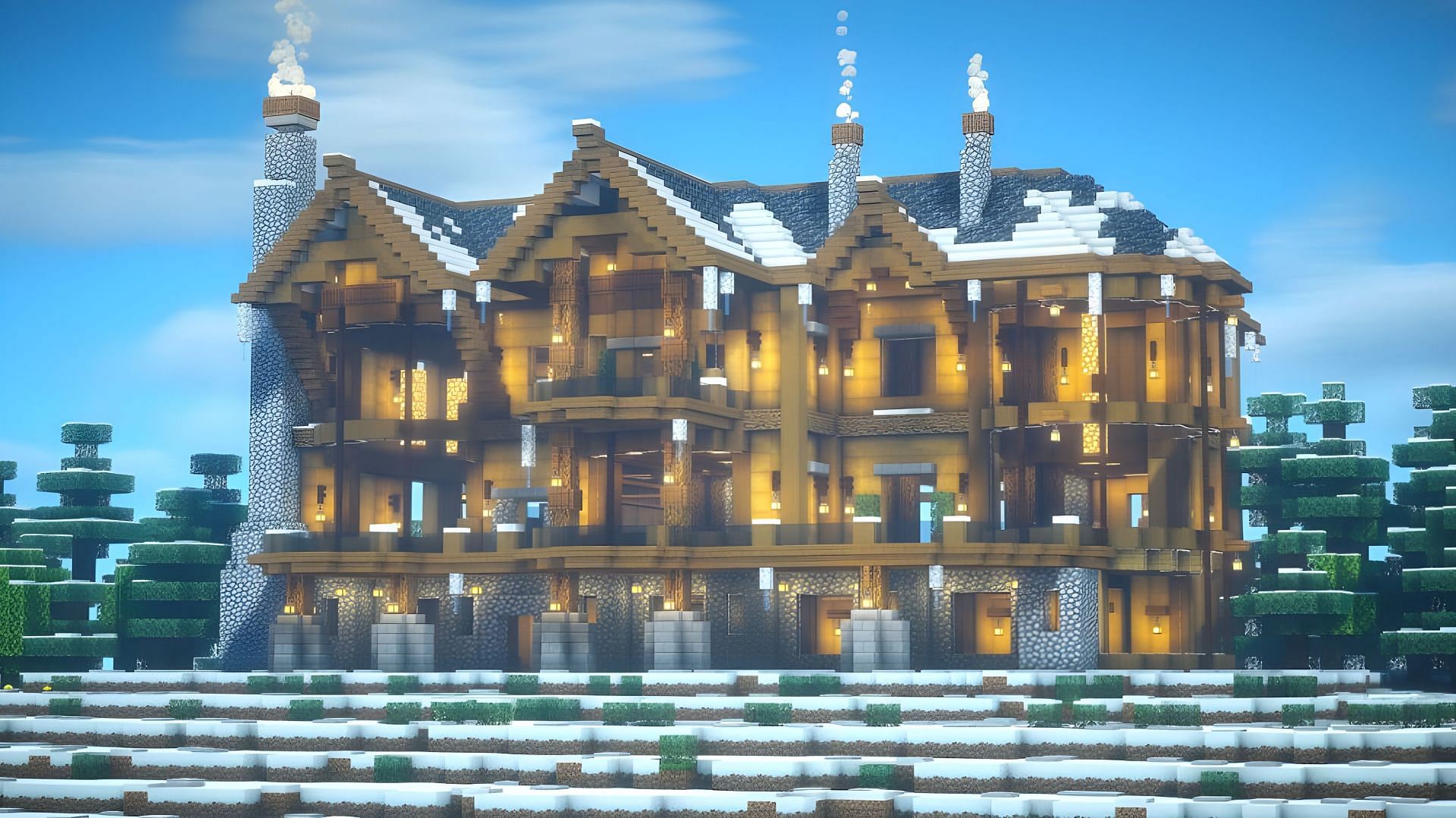 The Winter Log Cabin Mansion (Image via YouTube/FlyingCow)