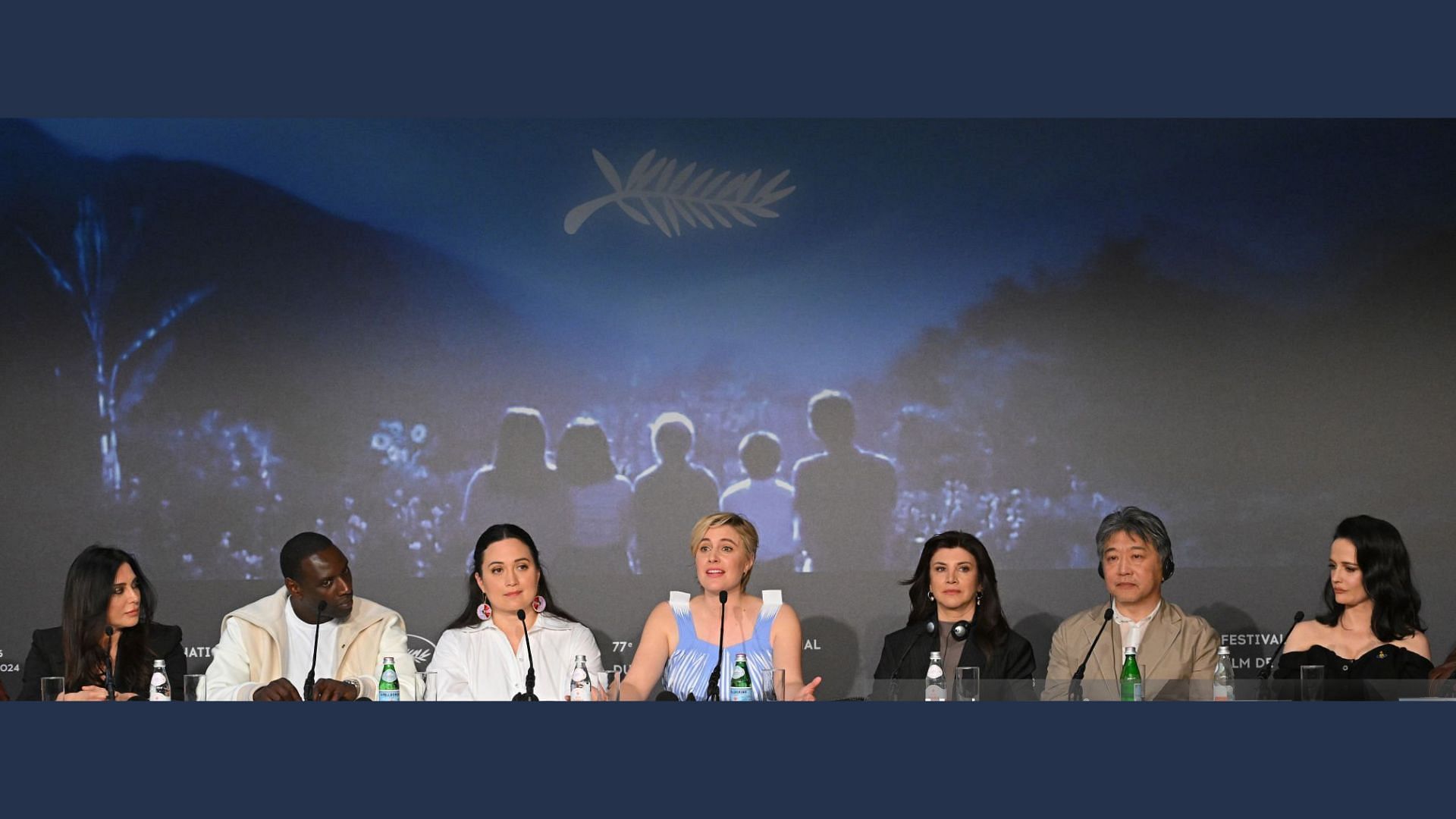 Jury Members Nadine Labaki, Omar Sy, Lily Gladstone, President of the Jury Greta Gerwig, Ebru Ceylan, Hirokazu Kore-eda, and Eva Green attend the jury press conference at the 77th annual Cannes Film Festival at Palais des Festivals on May 14, 2024, in Cannes, France. (Photo by Kristy Sparow/Getty Images)