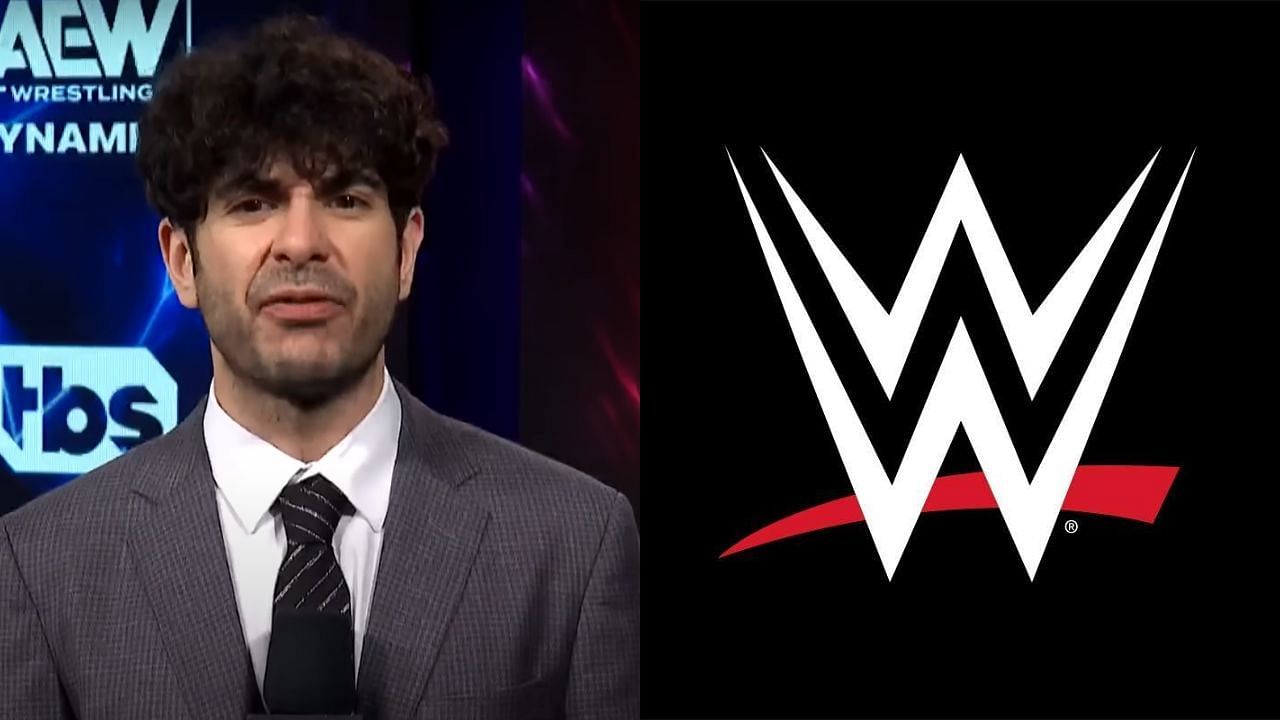 Tony Khan (left) and WWE logo (right)