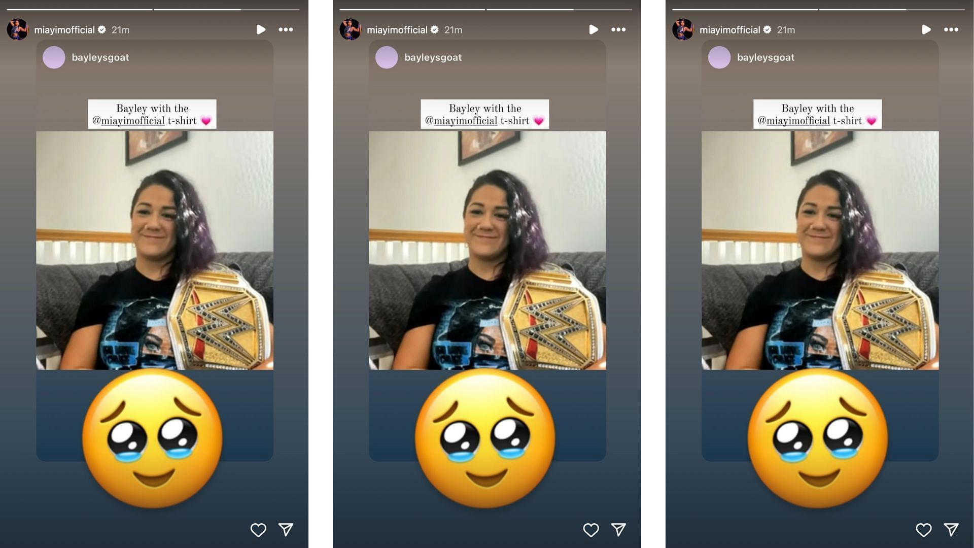 Yim reacts to Bayley wearing her shirt.