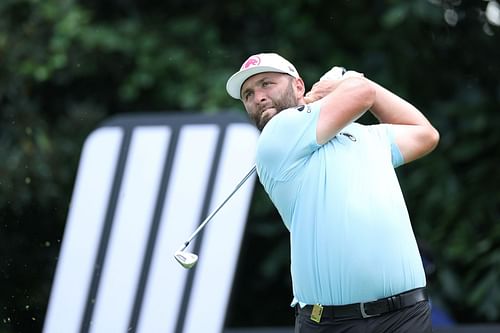 Jon Rahm of Legion XIII plays his shot from the eighth tee during day one of the LIV Golf Singapore, Round 1