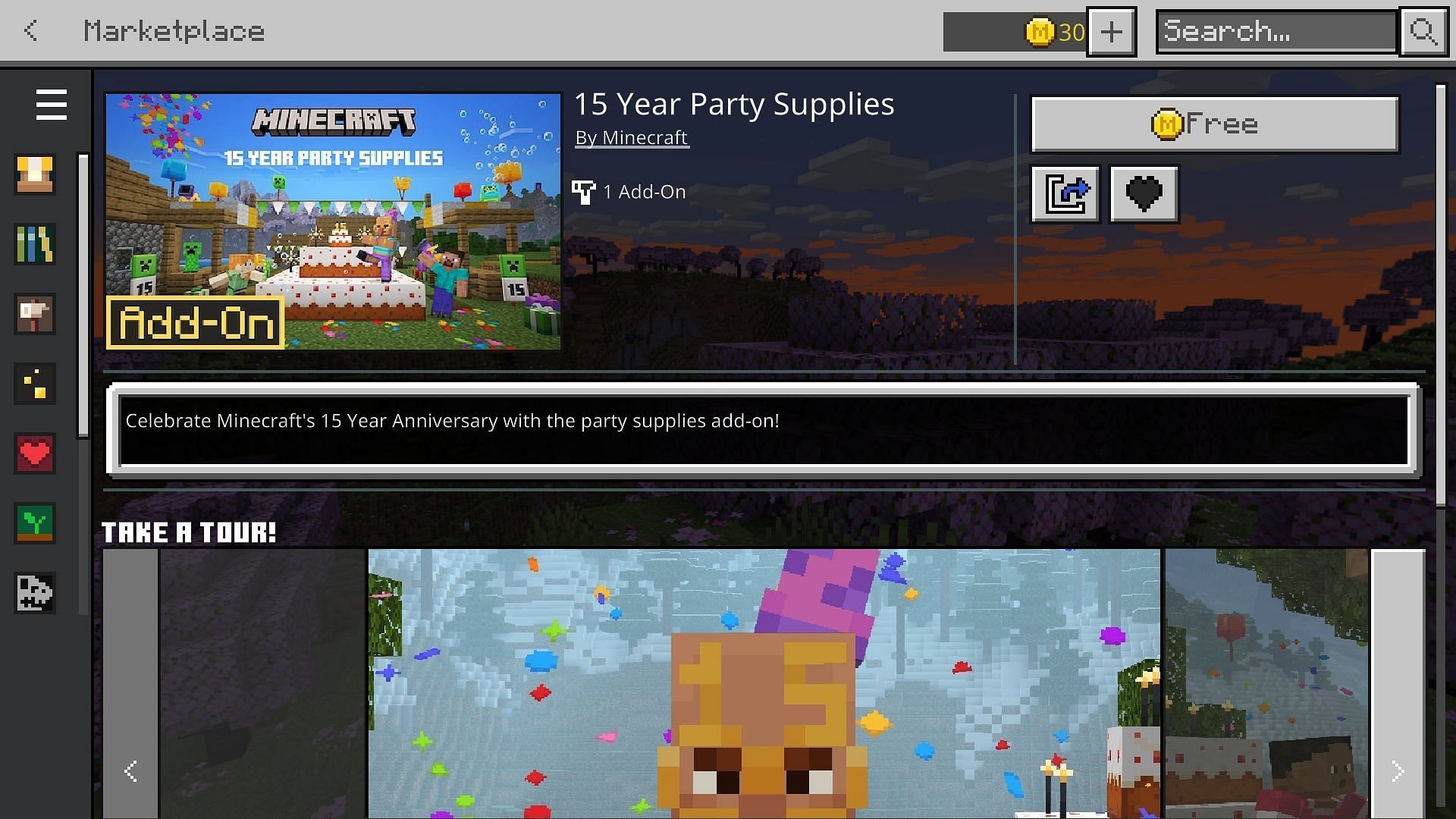 The 15 Years Party Supplies add-on can be downloaded from the Minecraft Marketplace (Image via Mojang)