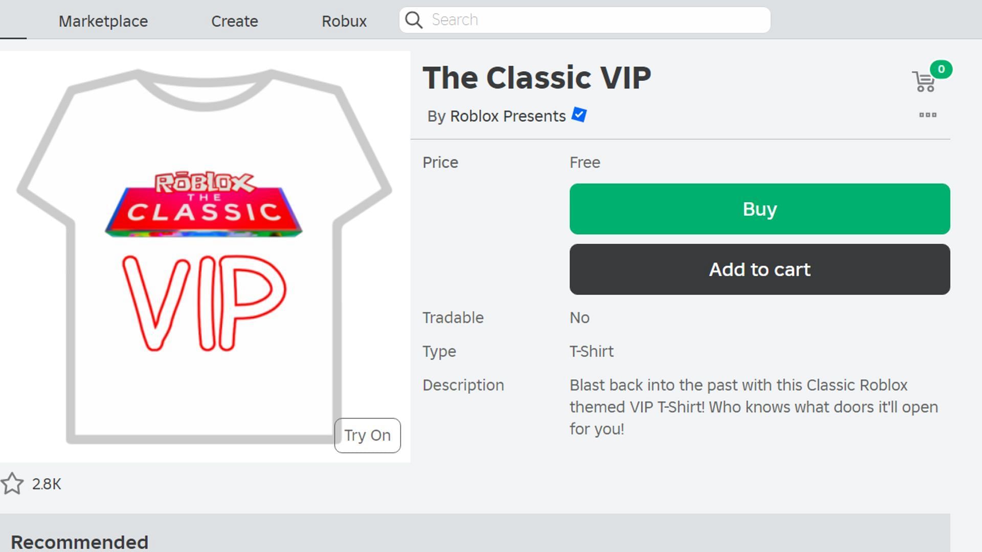The Classic VIP T-Shirt in Roblox Marketplace (Image via Roblox)