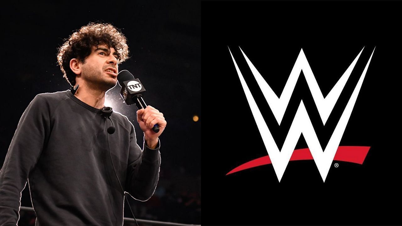 Tony Khan (left) and WWE logo (right)