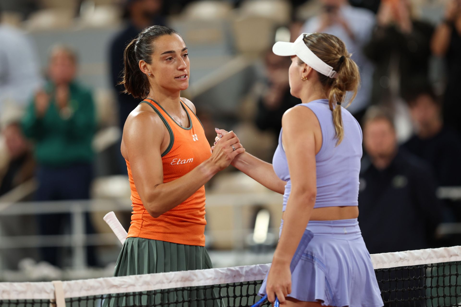 Caroline Garcia (L) and Sofia Kenin pictured at the 2024 French Open