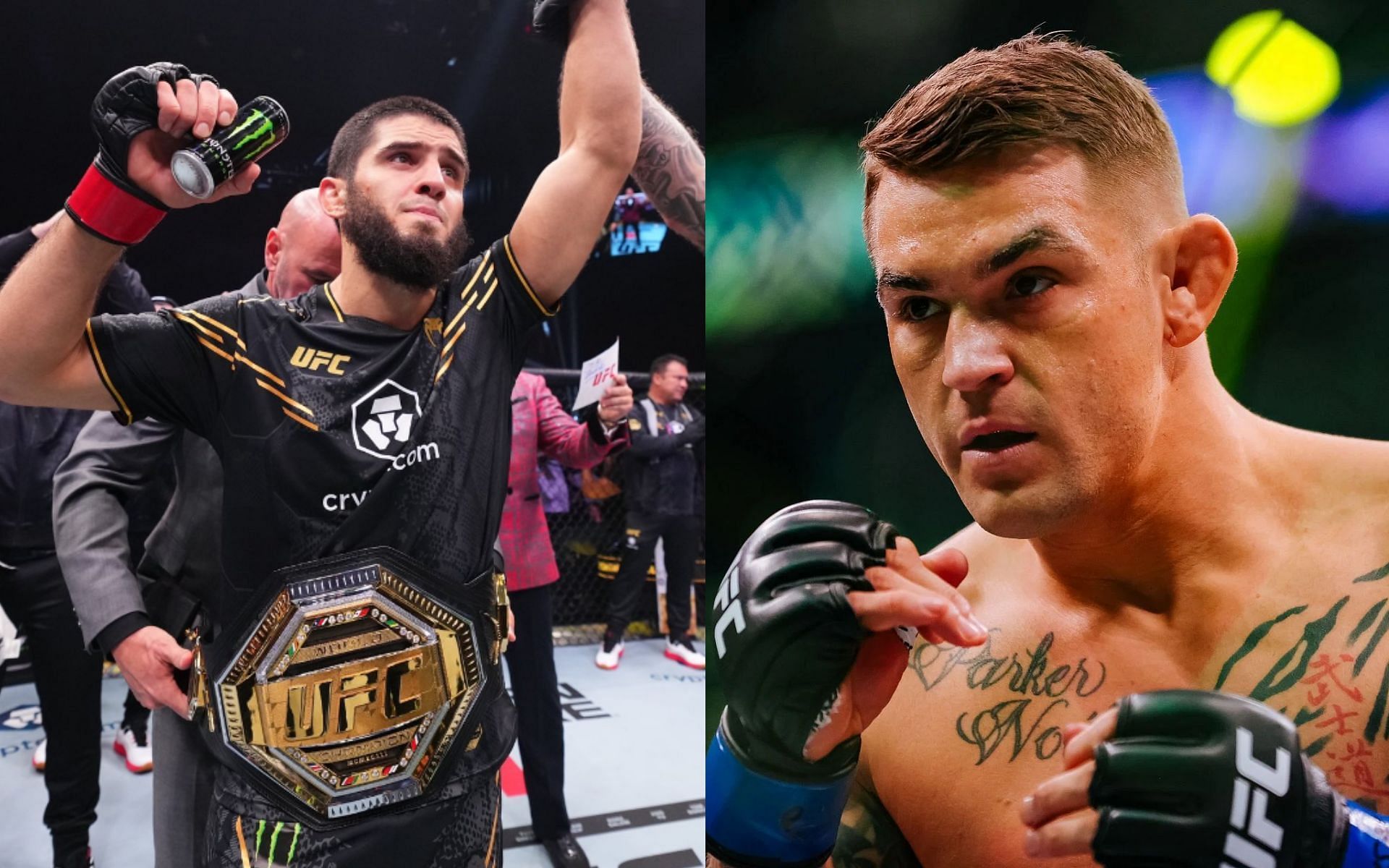 Dustin Poirier (right) discusses the coincidental nature of his UFC 302 clash with Islam Makhachev (left) [Images Courtesy: @GettyImages, @makhachevmma on X]