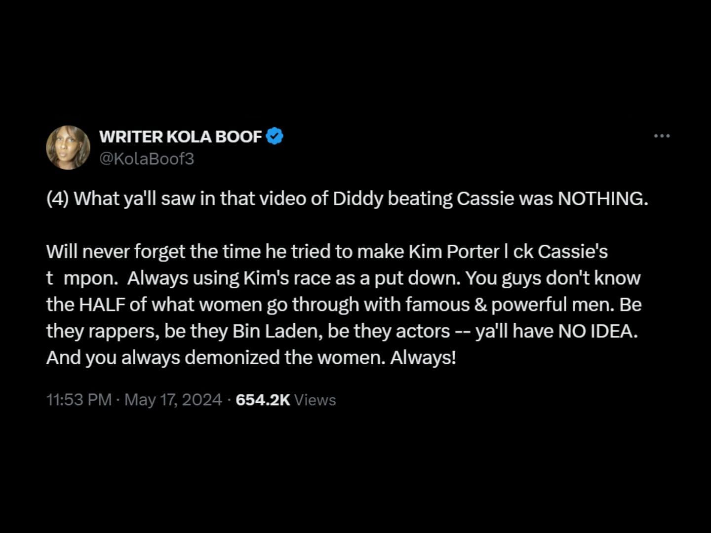 Kola Boof talks about Kim Porter amid Puffy-Cassie surveillance footage upload. (Image via X/KolaBoof3)