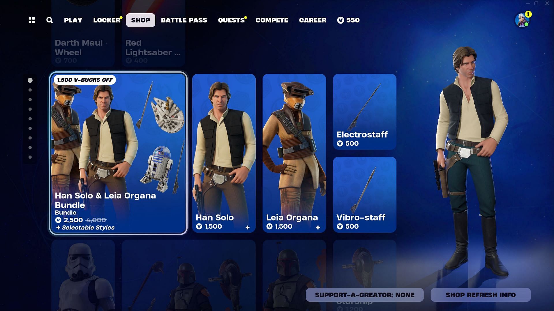 Han Solo and Leia Organa skins could be listed until the end of Chapter 5 Season 2 (Image via Epic Games/Fortnite)