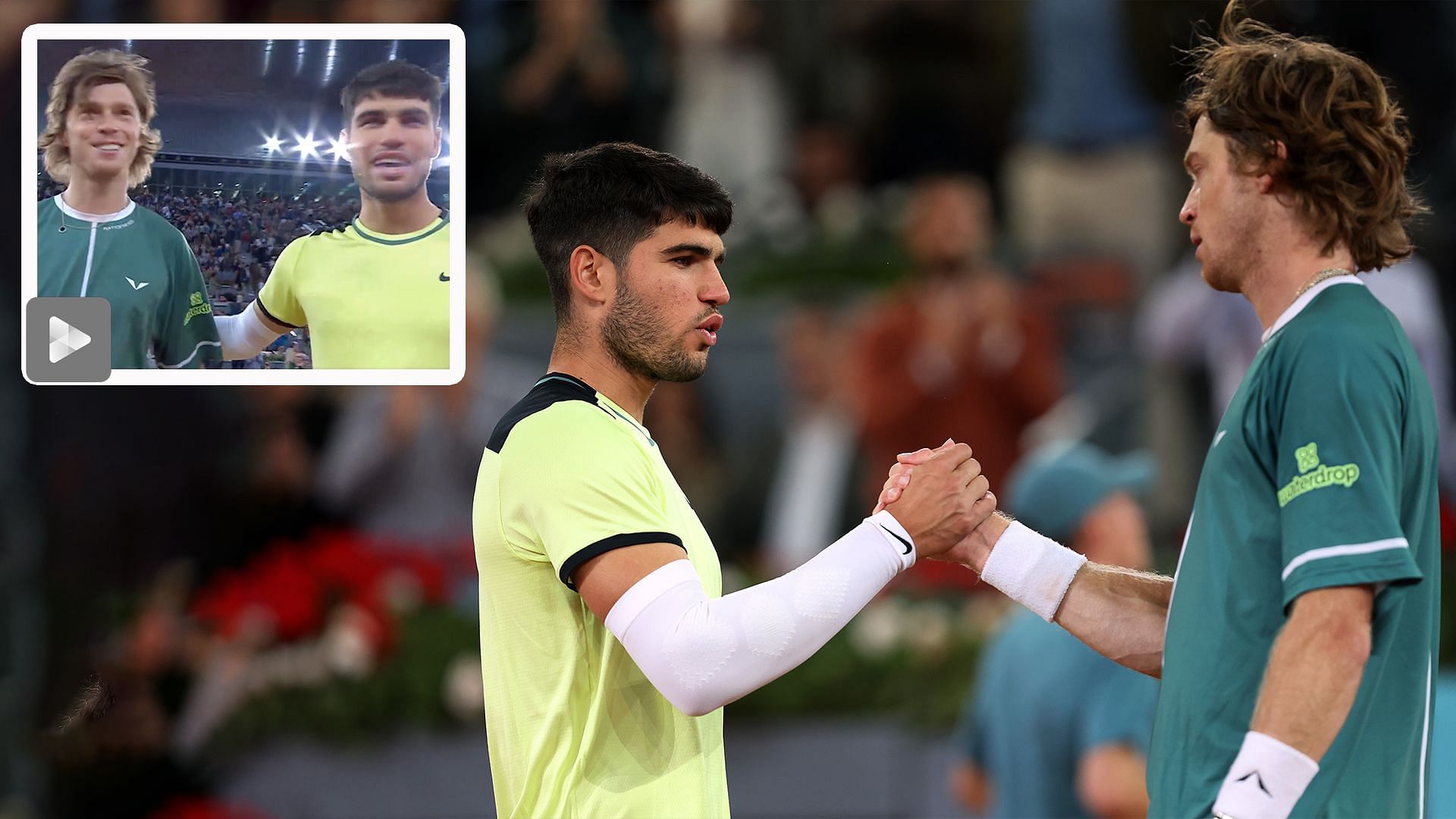 Carlos Alcaraz(L) greeting Andrey Rublev after their match