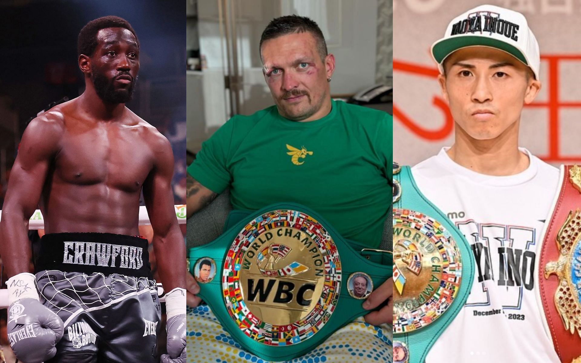 Oleksandr Usyk (middle) is the new No.1 P4P boxer, overtaking Terence Crawford (left) and Naoya Inoue (right) [Images Courtesy: @GettyImages, @usykaa and naoyainoue_410 on Instagram]