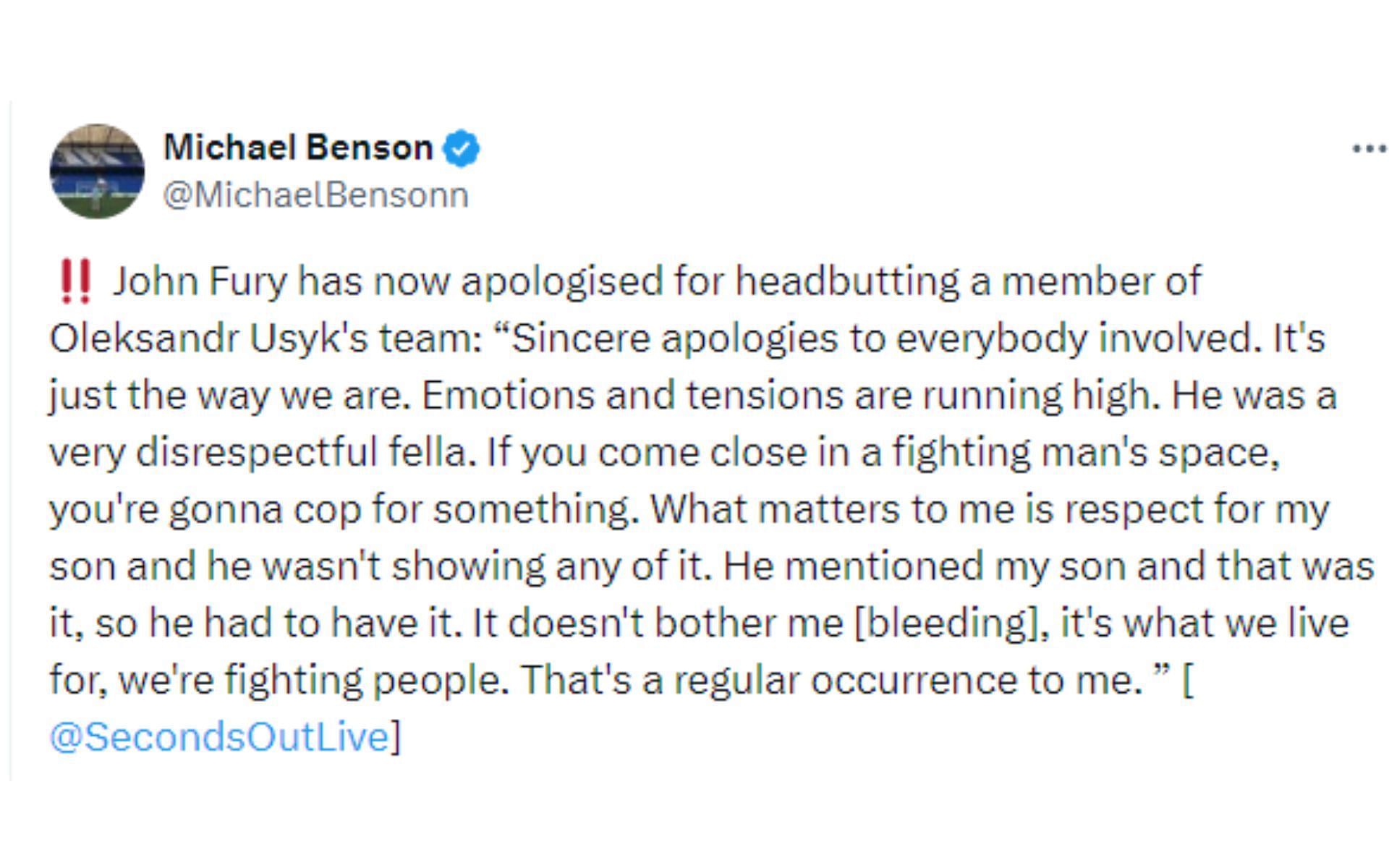 Tweet regarding Fury&#039;s apology [Image courtesy: @MichaelBensonn - X]