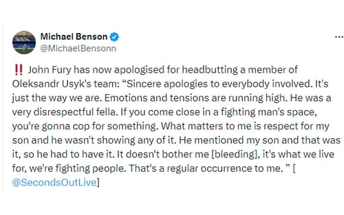 Tweet regarding Fury's apology [Image courtesy: @MichaelBensonn - X]