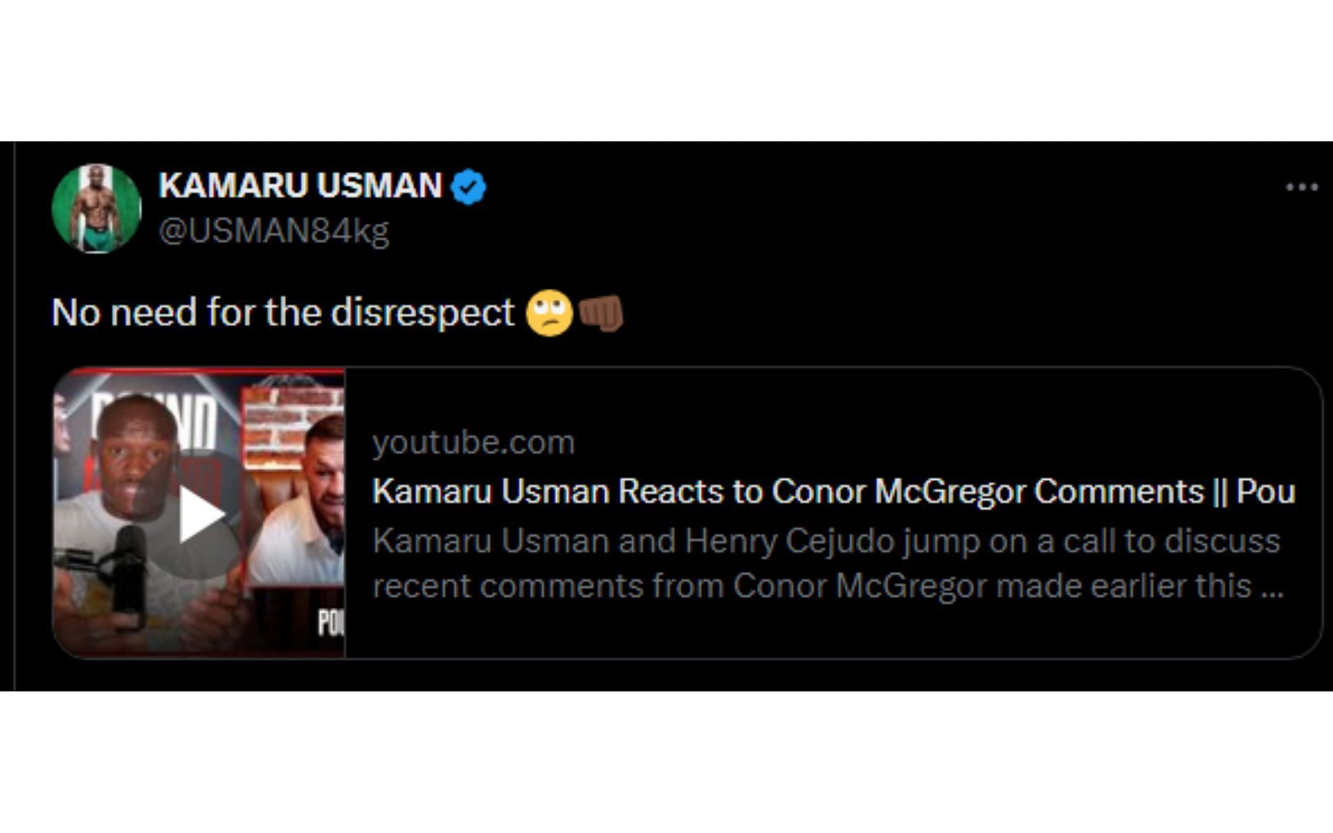 Usman&#039;s comment regarding response to McGregor [Image courtesy: @USMAN84kg - X]