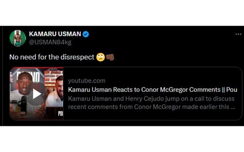 Usman's comment regarding response to McGregor [Image courtesy: @USMAN84kg - X]