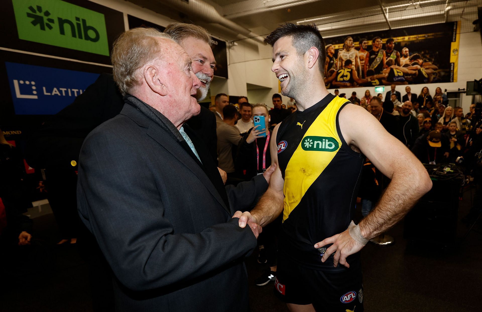 Ian Stewart and Trent Cotchin of the Tigers chat during the 2023 AFL Round 14 match between the Richmond Tigers and the St Kilda Saints