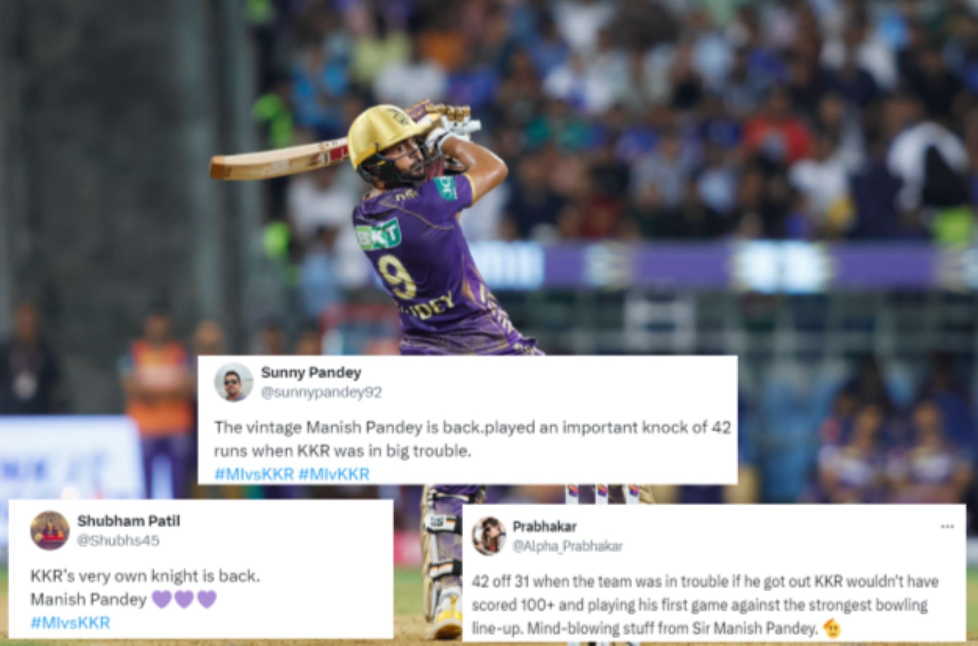"KKR’s very own knight is back" - Fans hail Manish Pandey for crucial 31-ball 42 in MI-KKR IPL 2024 clash