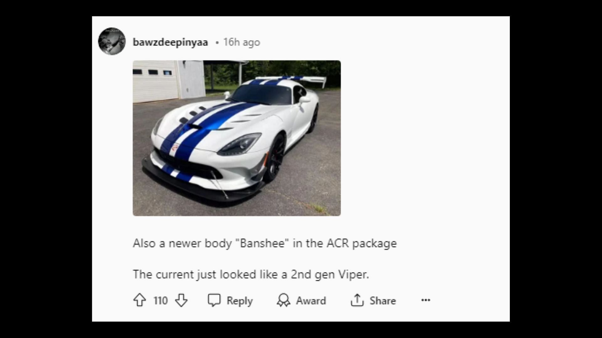 Quite a few would like to see a Dodge Viper ACR Extreme-inspired Banshee (Image via Reddit: u/bawzdeepinyaa)