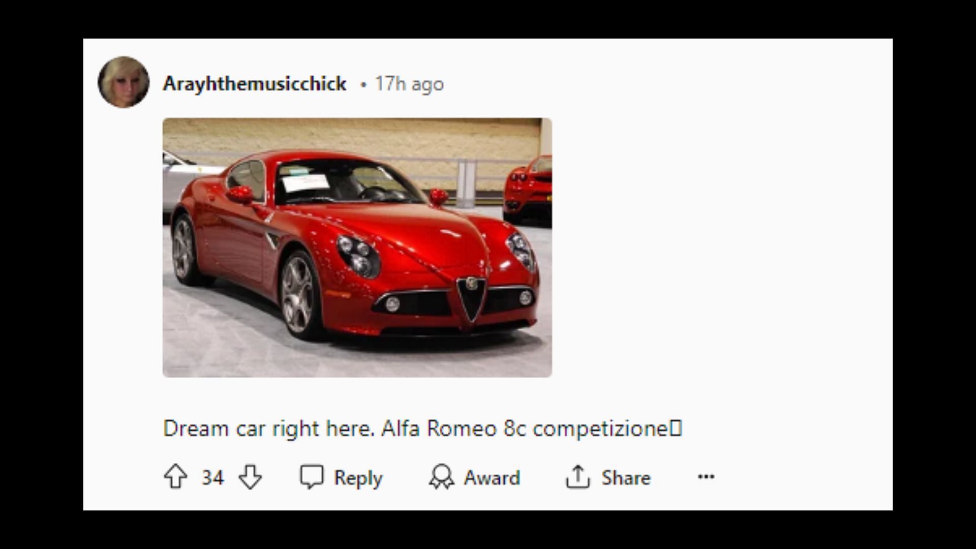 Some fans want the addition of the Alfa Romeo 8C Competizione (Image via Reddit: u/Arayhthemusicchick)