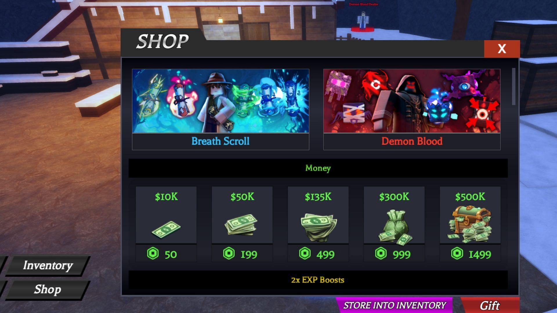 Shop for scrolls, demon blood &amp; money in (Image via Roblox)