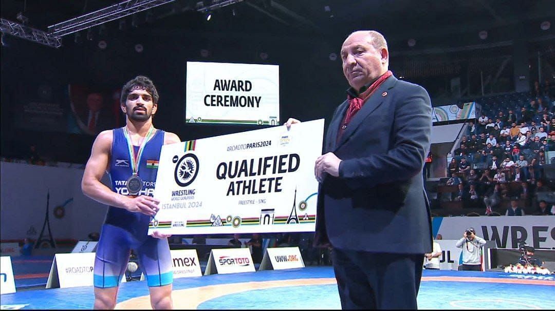 Aman Sehrawat after earning a spot for his country at World Olympic Qualifier in Istanbul, on Saturday