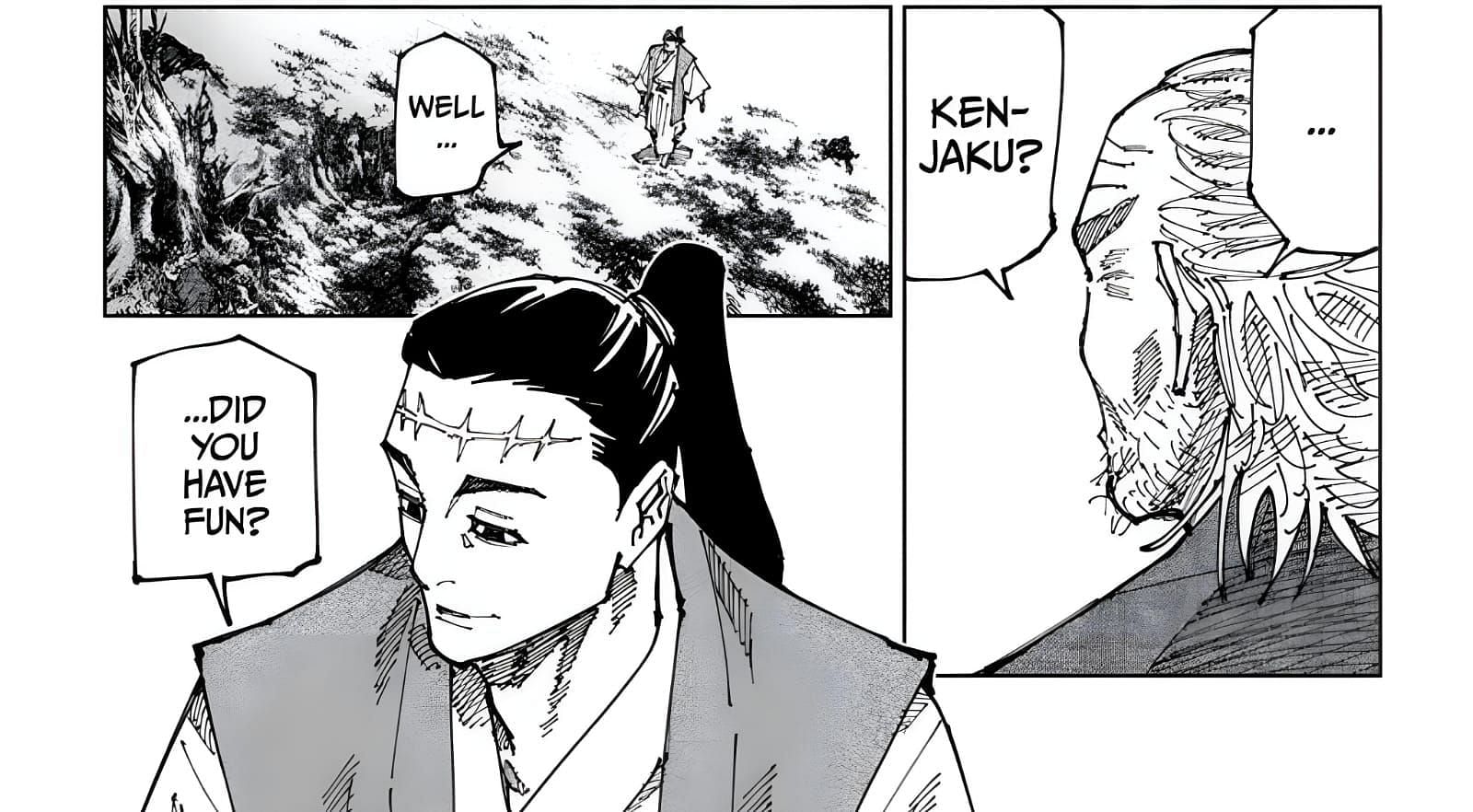 Kenjaku in a yet unnamed host meeting the old Kashimo Hajime (Image via Gege Akutami/Shueisha)