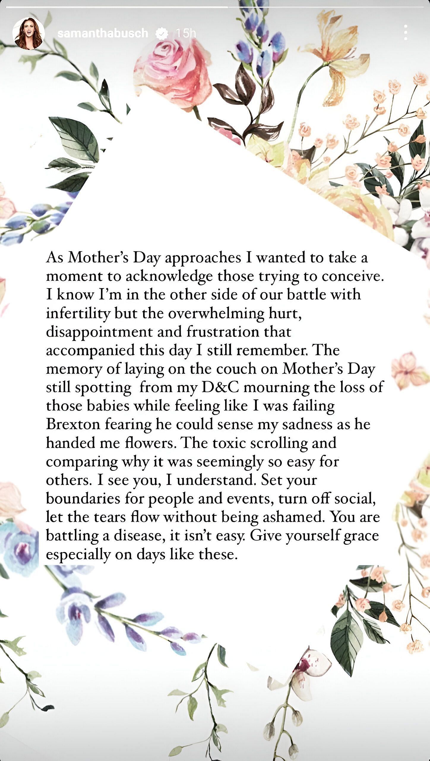 A note posted as a story on Samantha Busch&#039;s Instagram handle on account of Mother&#039;s Day