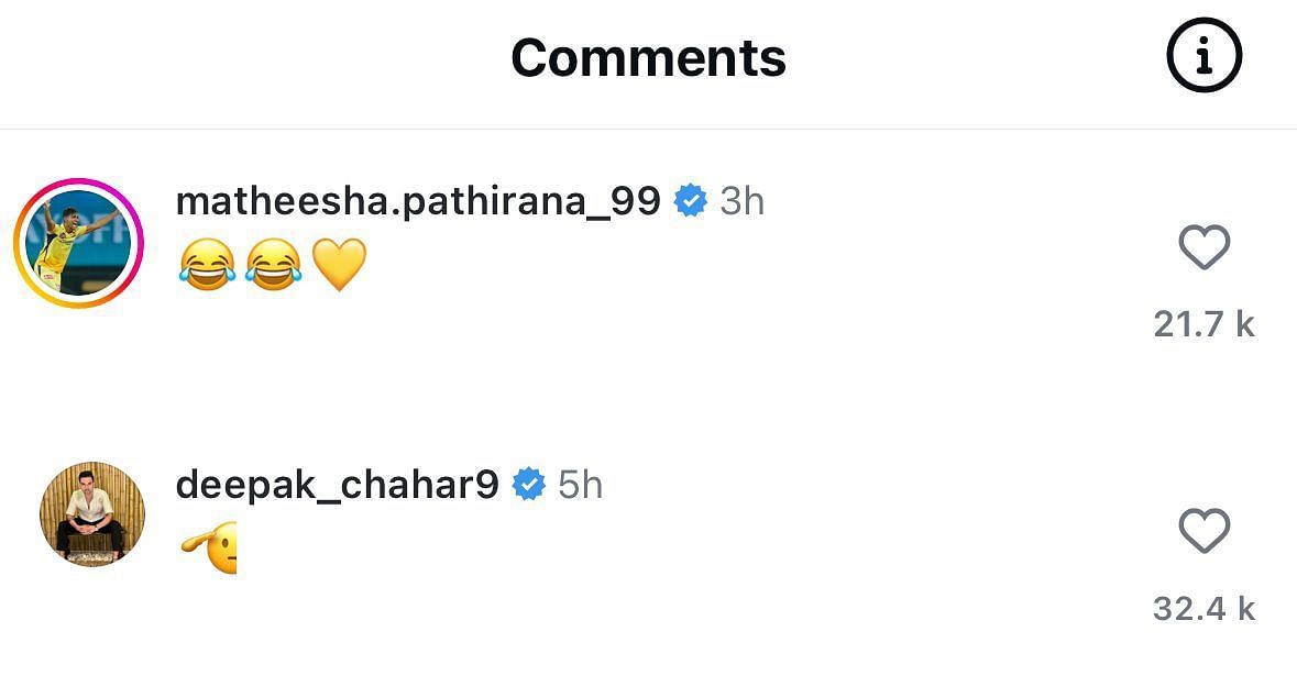 Screenshot of Deepak Chahar and Matheesha Pathirana's comment.