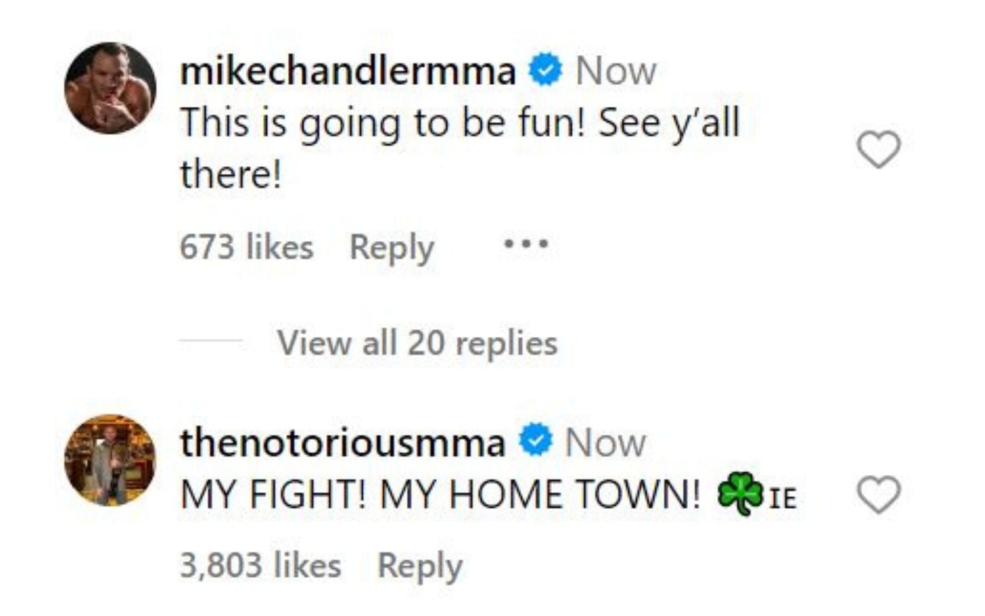 Michael Chandler and Conor McGregor's comments on the UFC 303 press conference announcement. [Image credit: Dana White's Instagram page]