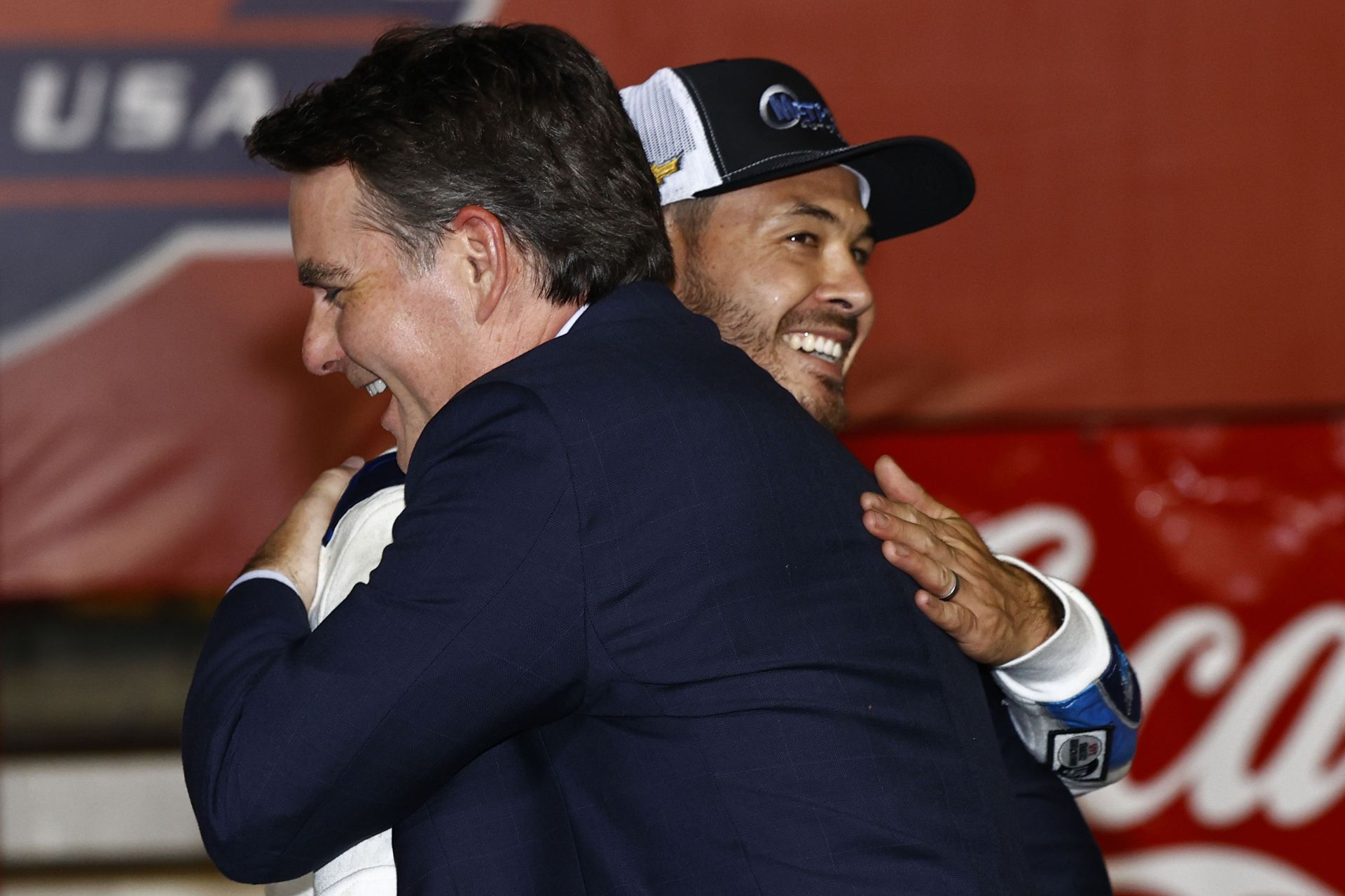 Kyle Larson and Jeff Gordon at the NASCAR Cup Series Coca-Cola 600 at Charlotte Motor Speedway in 2021.