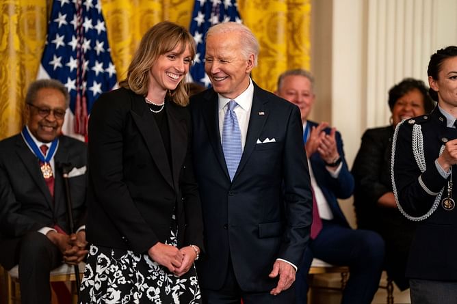 WATCH: Joe Biden reacts to Katie Ledecky being the most decorated female swimmer in history as he presents the Presidential Medal of Freedom