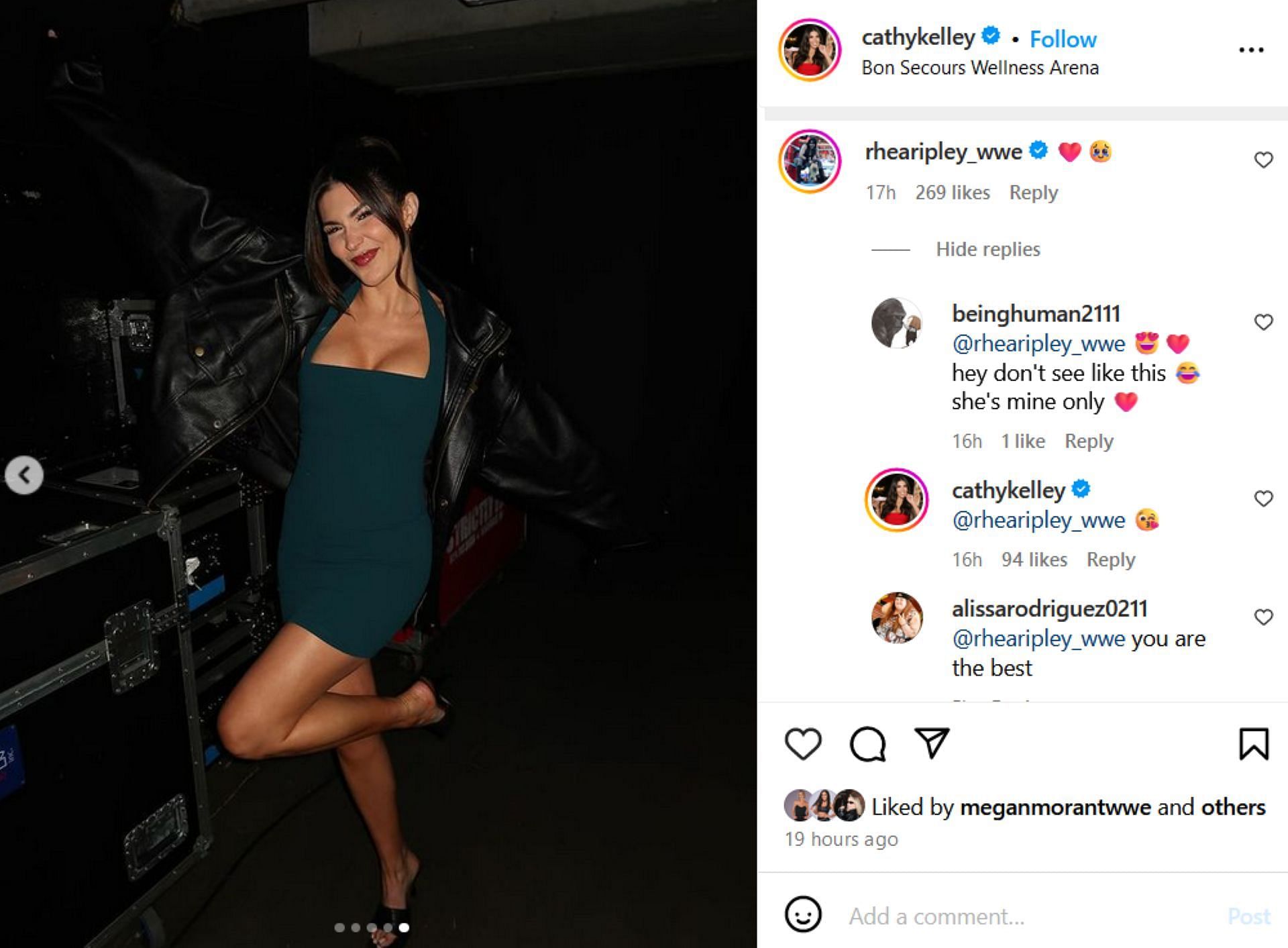 Screenshot of Rhea Ripley&#039;s comment to Cathy Kelley on Instagram