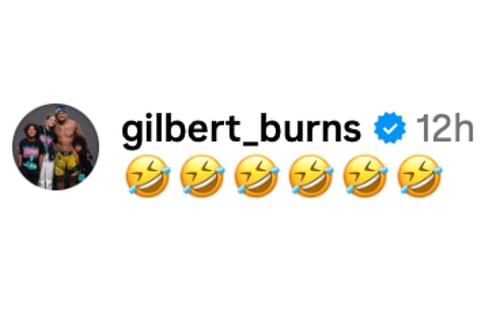 Gilbert Burns reacts to Islam Makhachev testing gloves on Ali Abdelaziz. [via Instagram]