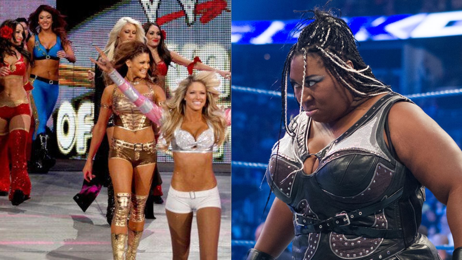 WWE Divas Battle Royal competitors (left); Awesome Kong/Kharma (right)