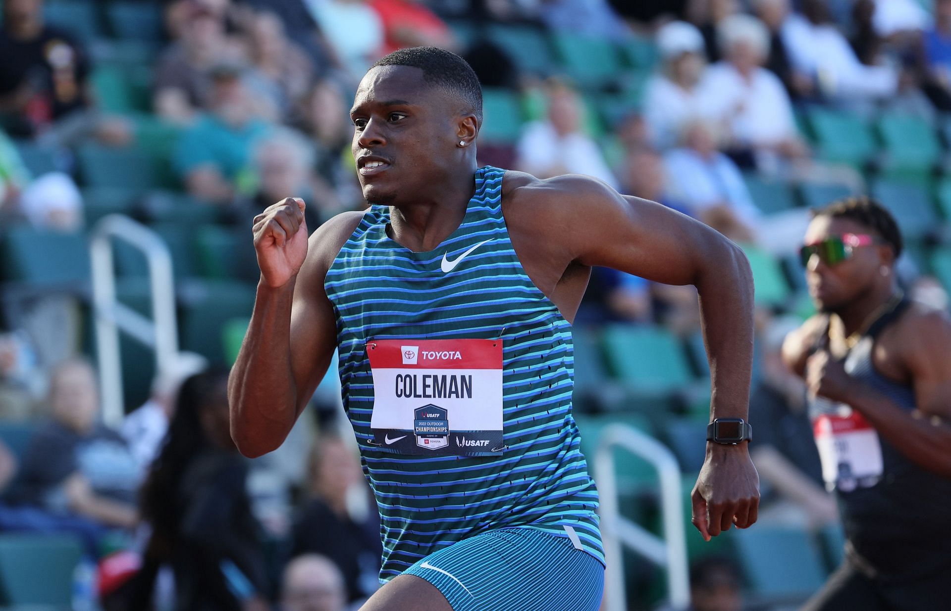 Christian Coleman runs in the Men 100 Meter during the 2022 USATF Outdoor Championships at Hayward Field on June 23, 2022, in Eugene, Oregon.