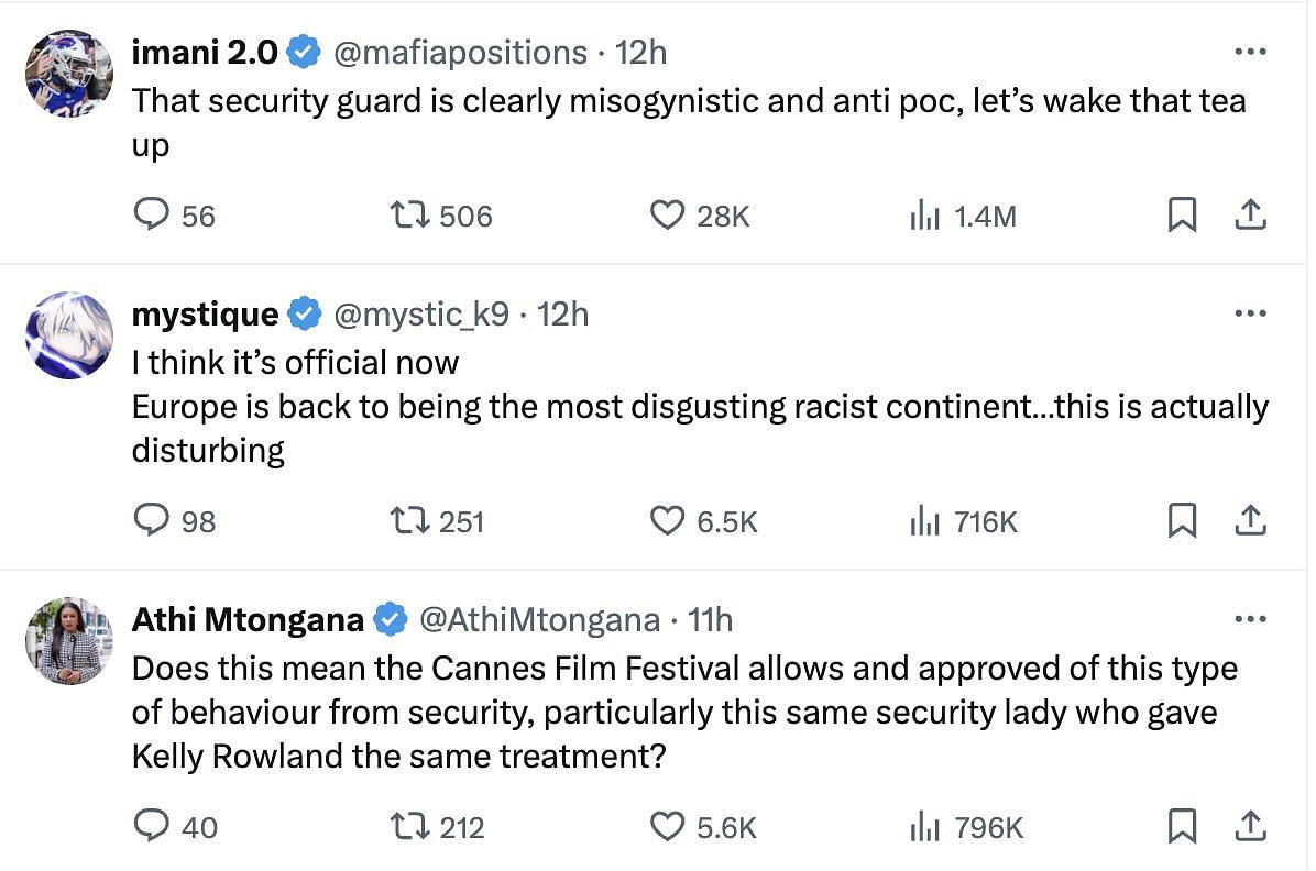 Social media users left outraged as a security guard at the Cannes Film Festival asked a Dominican actress to move away. (Image via @PopCrave/ X)