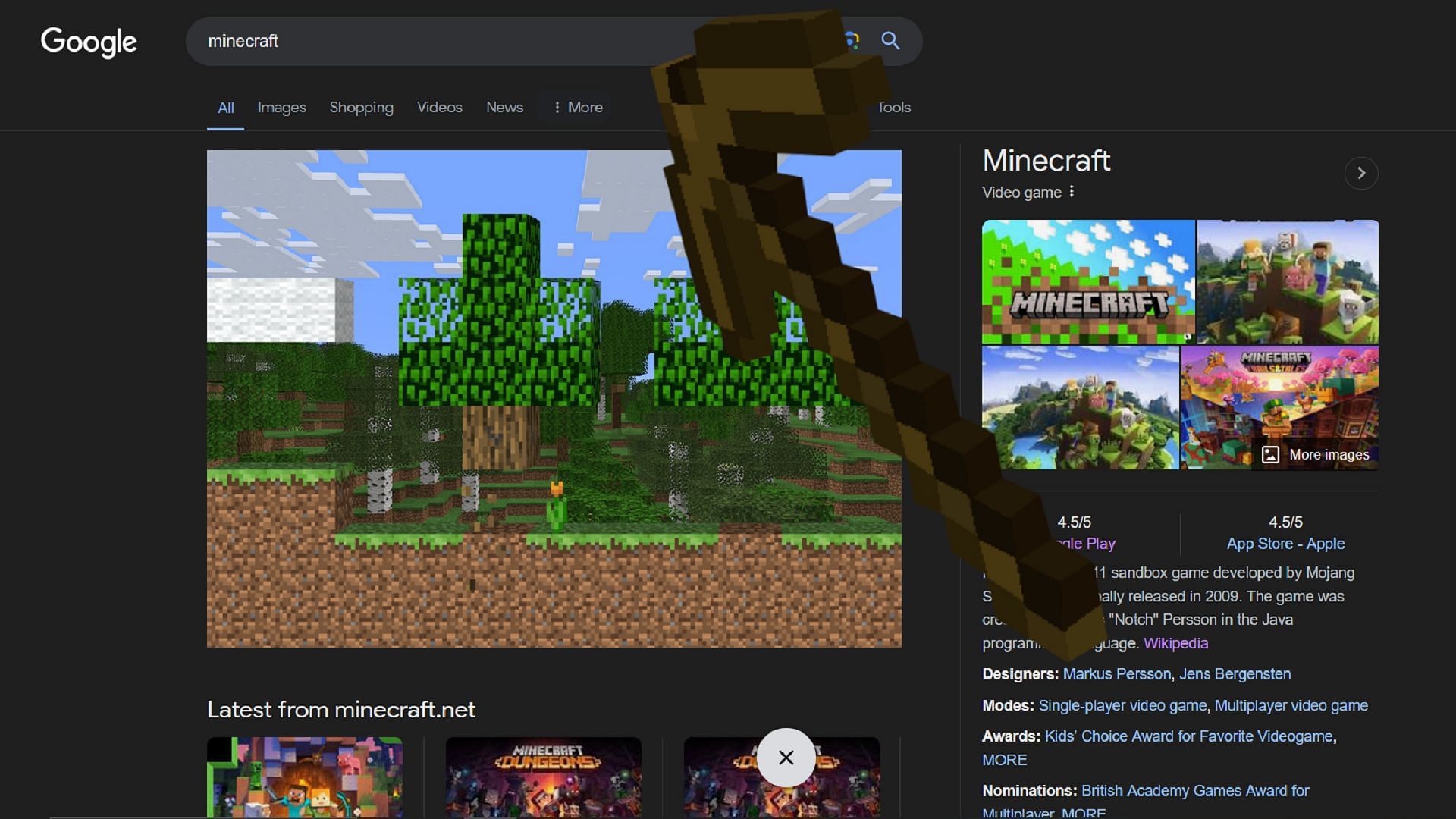A pickaxe is used to break a wood block in Google&#039;s minigame (Image via Google/Mojang)