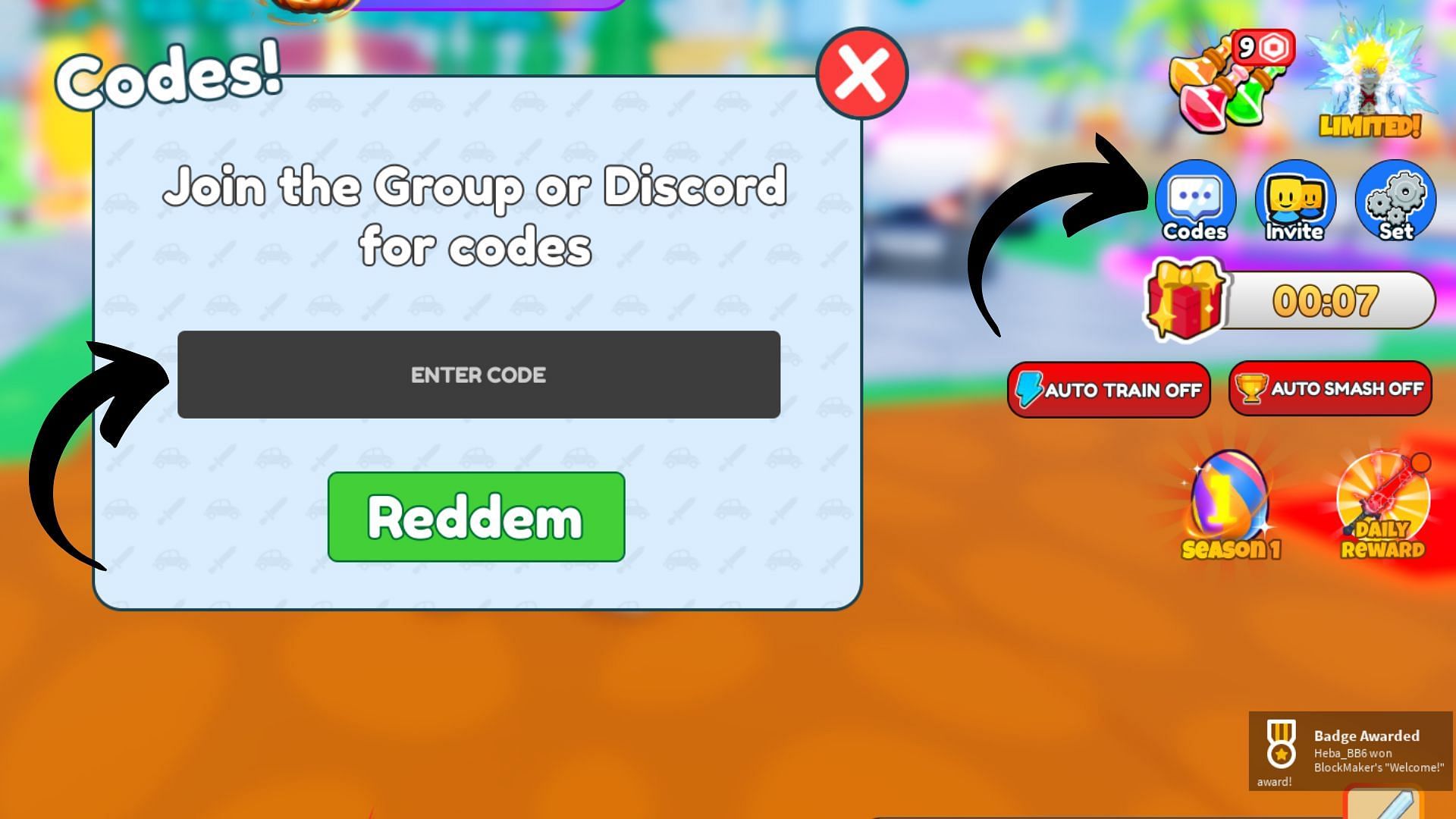 Redeem codes in Great Sword Simulator (Image via Roblox || Sportskeeda)