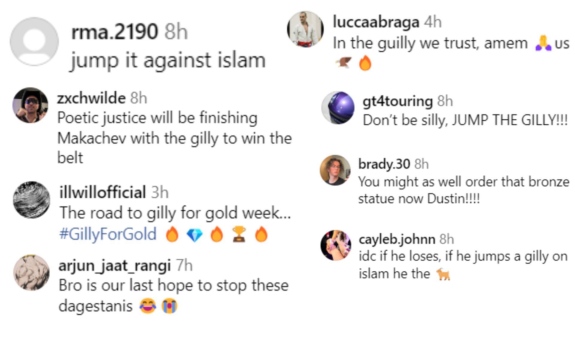 Screenshot of fan reactions to Dustin Poirier&#039;s post on Instagram