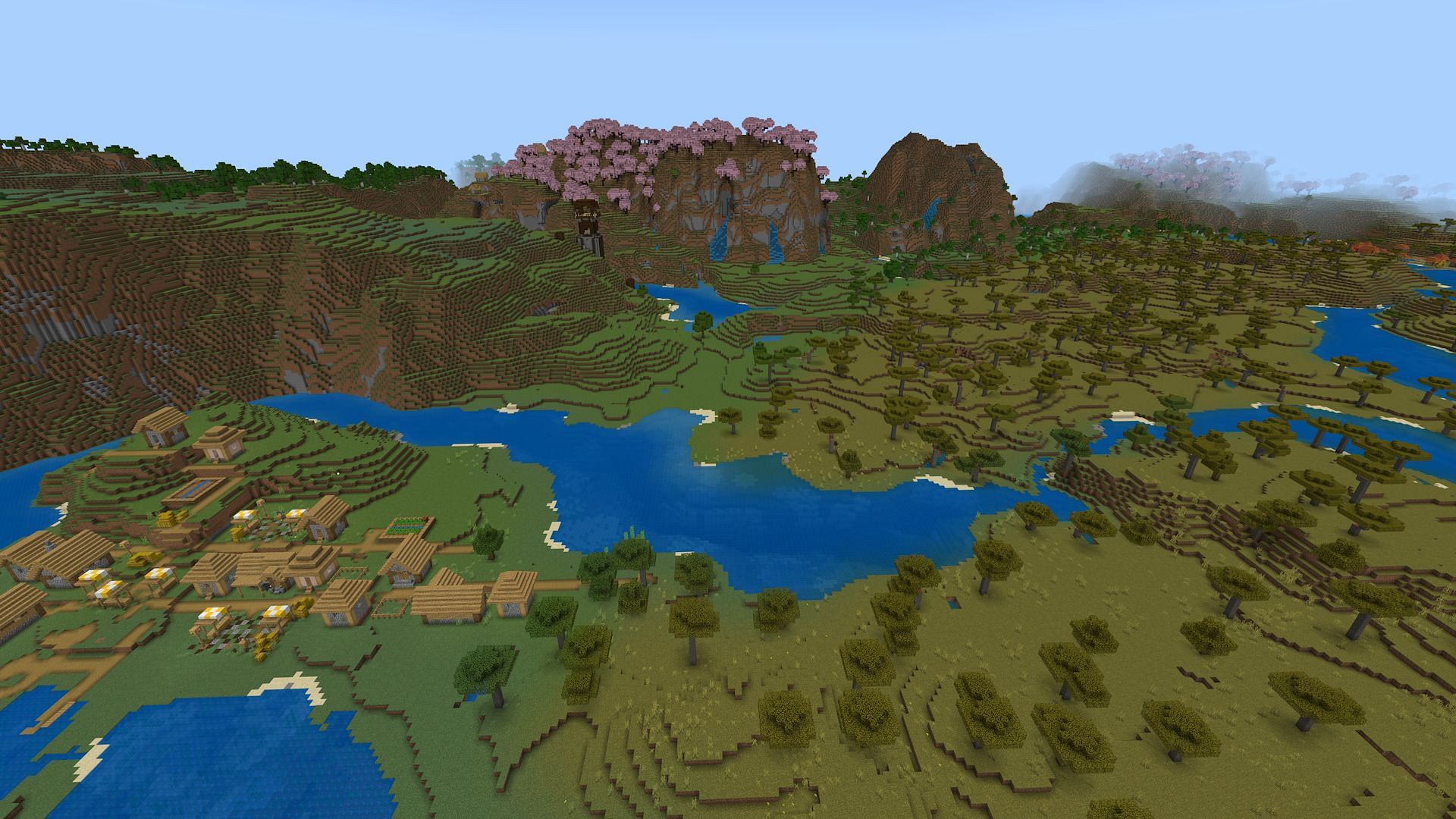 Three villages and a cherry biome all visible from spawn (Image via Mojang)